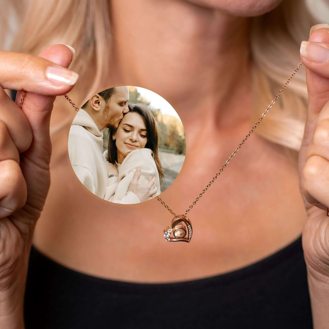 Girlfriend Photo Necklace showcasing a personalized photo pendant held by a woman, perfect for cherished memories.