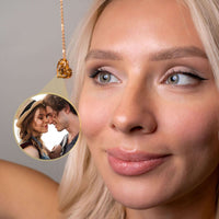 Thumbnail for Girlfriend Photo Necklace displayed on a woman, showcasing a personalized engraved pendant with a couple's photo.