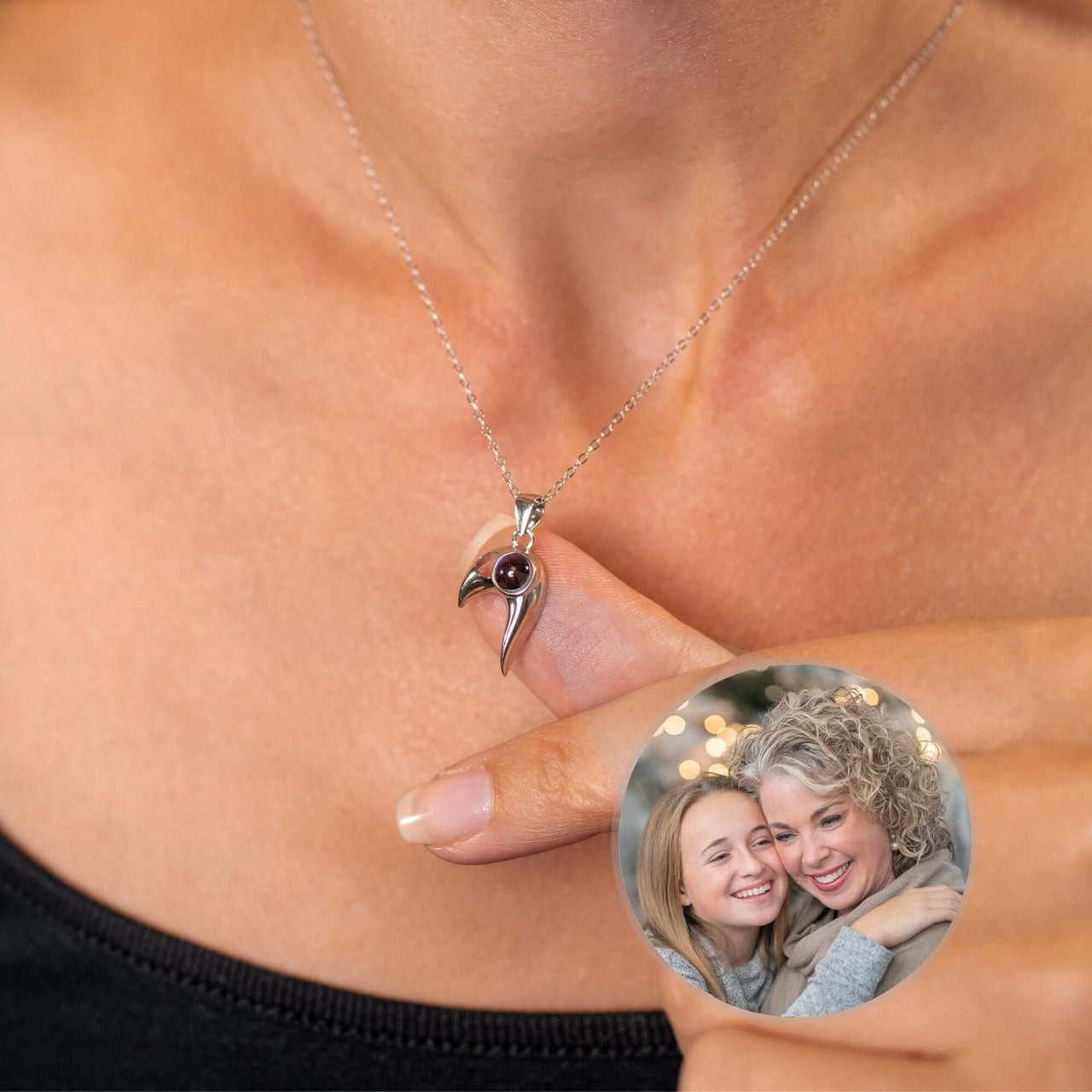 Half-Heart Photo Necklace Set showcasing a woman wearing a personalized photo necklace by Brother & Sisters.