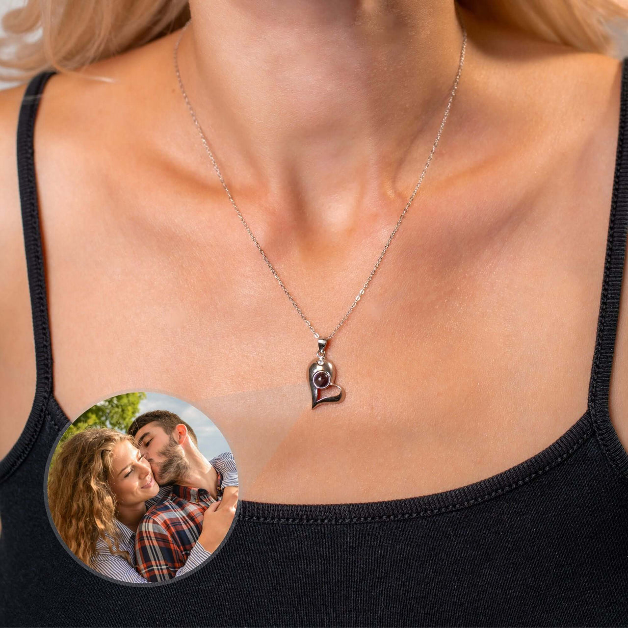 Half-Heart Photo Necklace Set worn, featuring a personalized photo locket charm highlighting cherished moments.