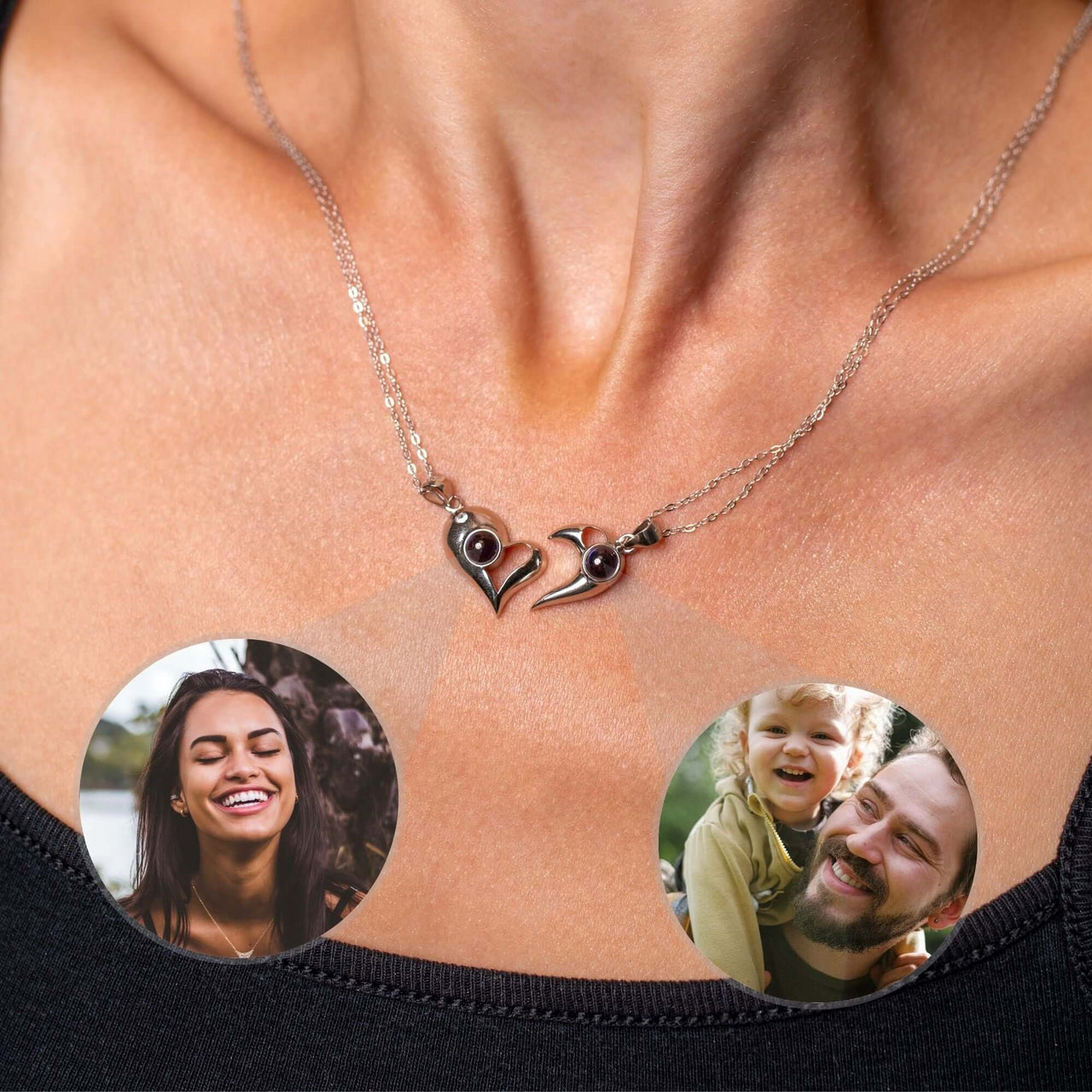 Half-Heart Photo Necklace Set featuring personalized photo spaces for cherished memories by Brother & Sisters.