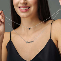 Thumbnail for Heart Name Necklace by Brother & Sisters showcased on a model, featuring a custom nameplate and heart charm.