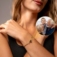 Thumbnail for Hearts Personalised Bracelet worn by a woman, showcasing a heart-shaped pendant with a photo of loved ones.