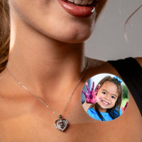 Thumbnail for Hearts Photo Necklace by Brother & Sisters worn by a woman, showcasing a heart-shaped locket with a personal photo.