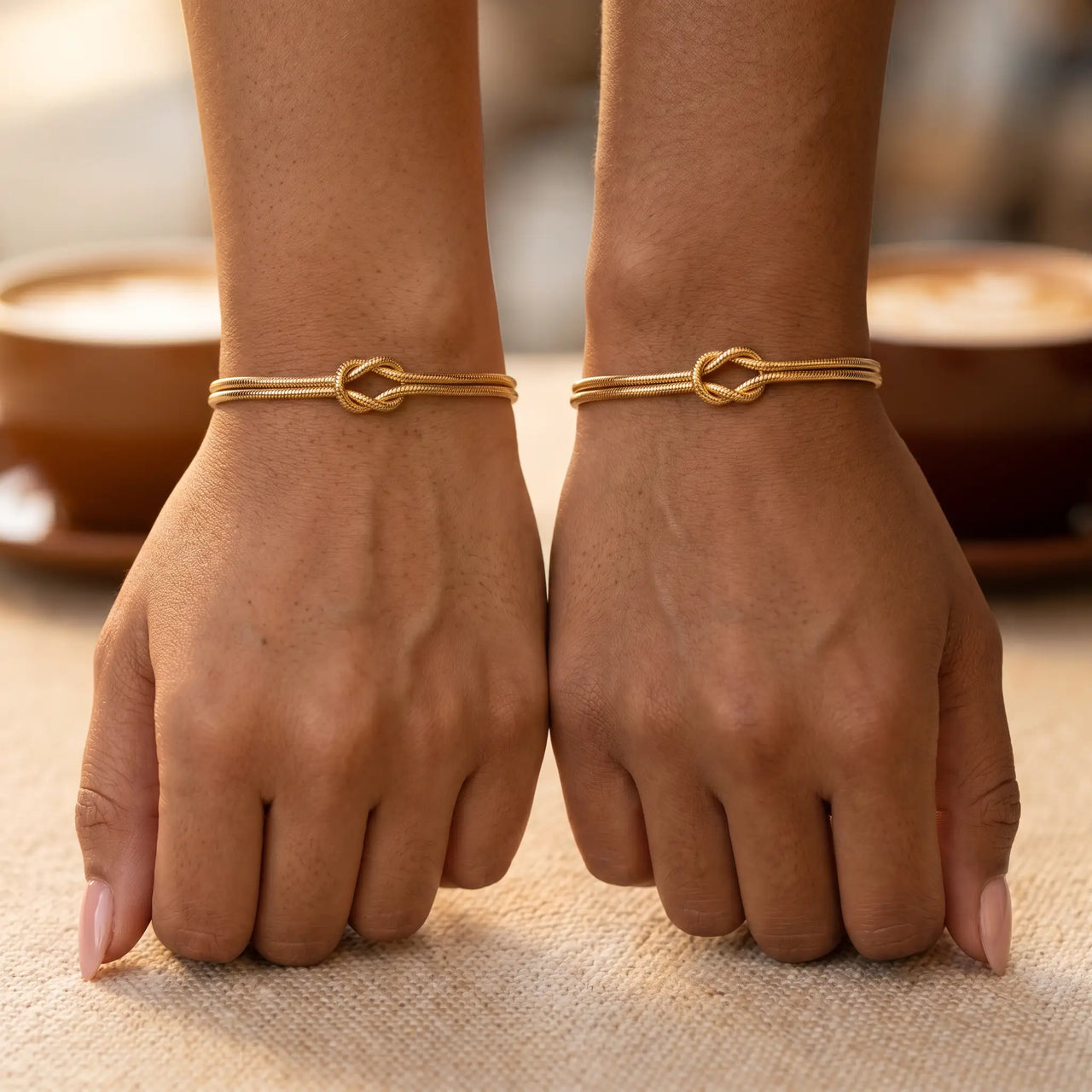 Best friends matching knot bracelets gold café date