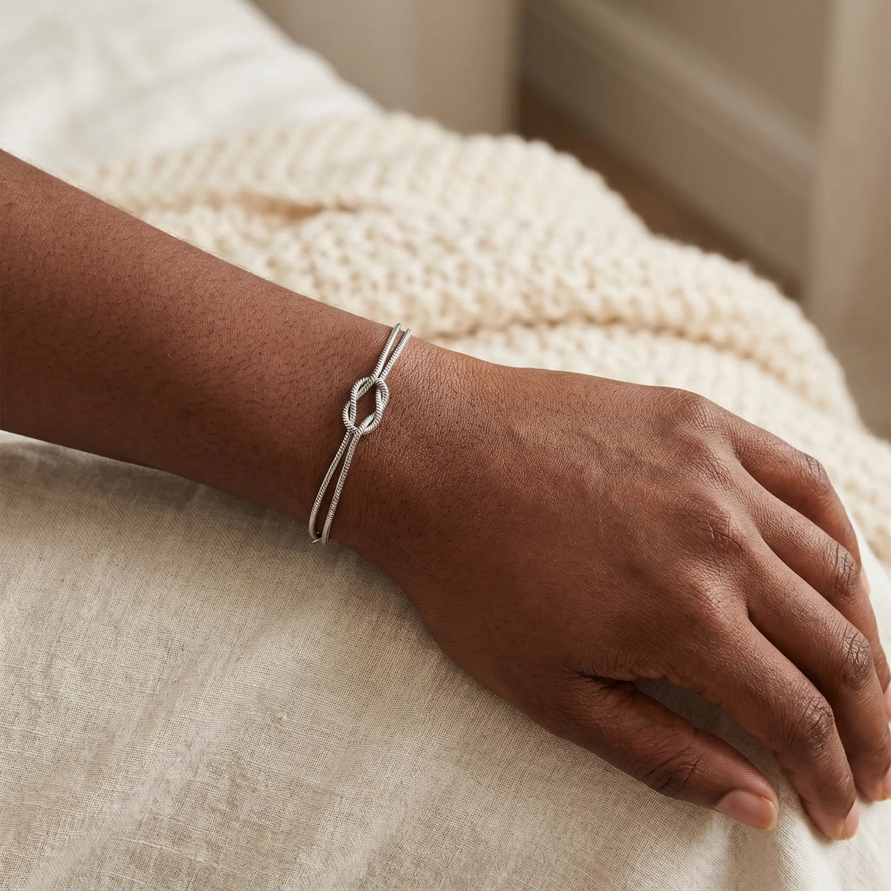 Knot Couple Bracelet silver worn on Black woman intimate cozy