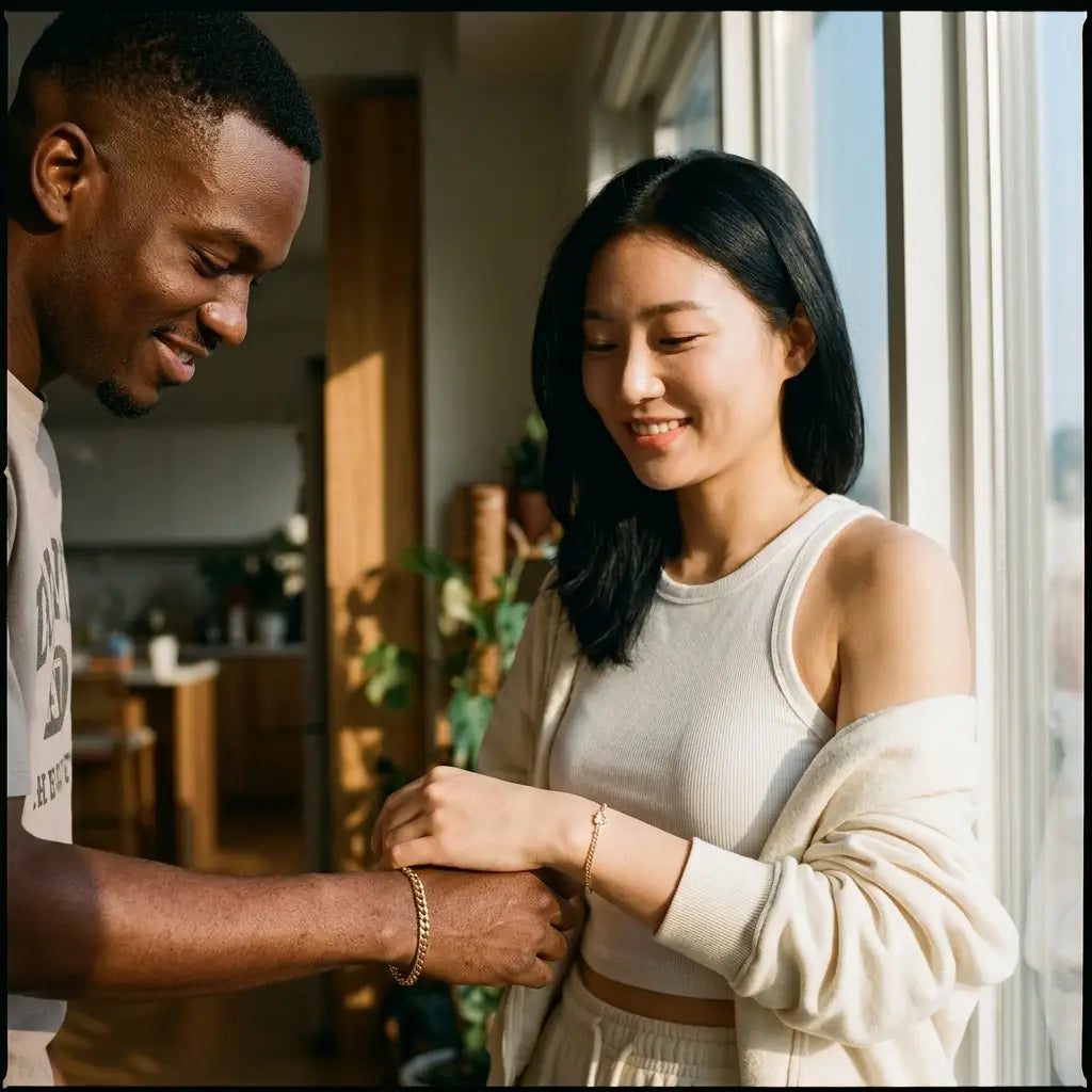 Korean and Black African American couple wearing matching gold Heart Bond bracelets, Seoul