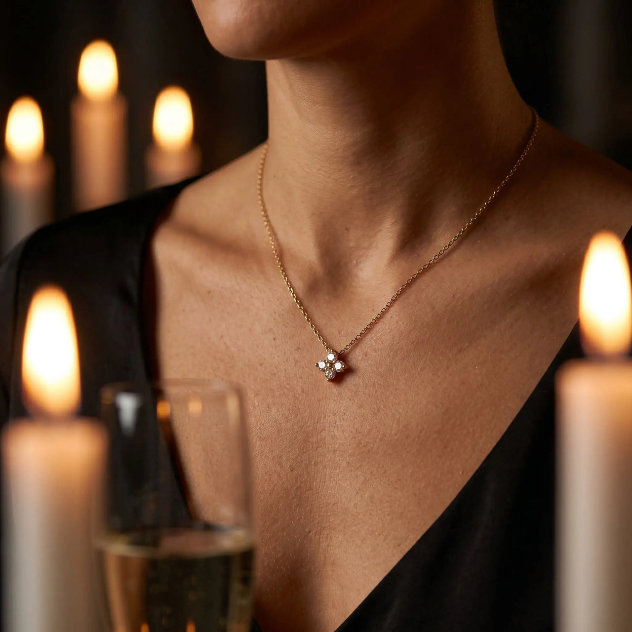 Crystal Flower necklace catching candlelight on Italian woman décolleté in evening cocktail bar — whispers but turns heads, brilliant sparkle in low light