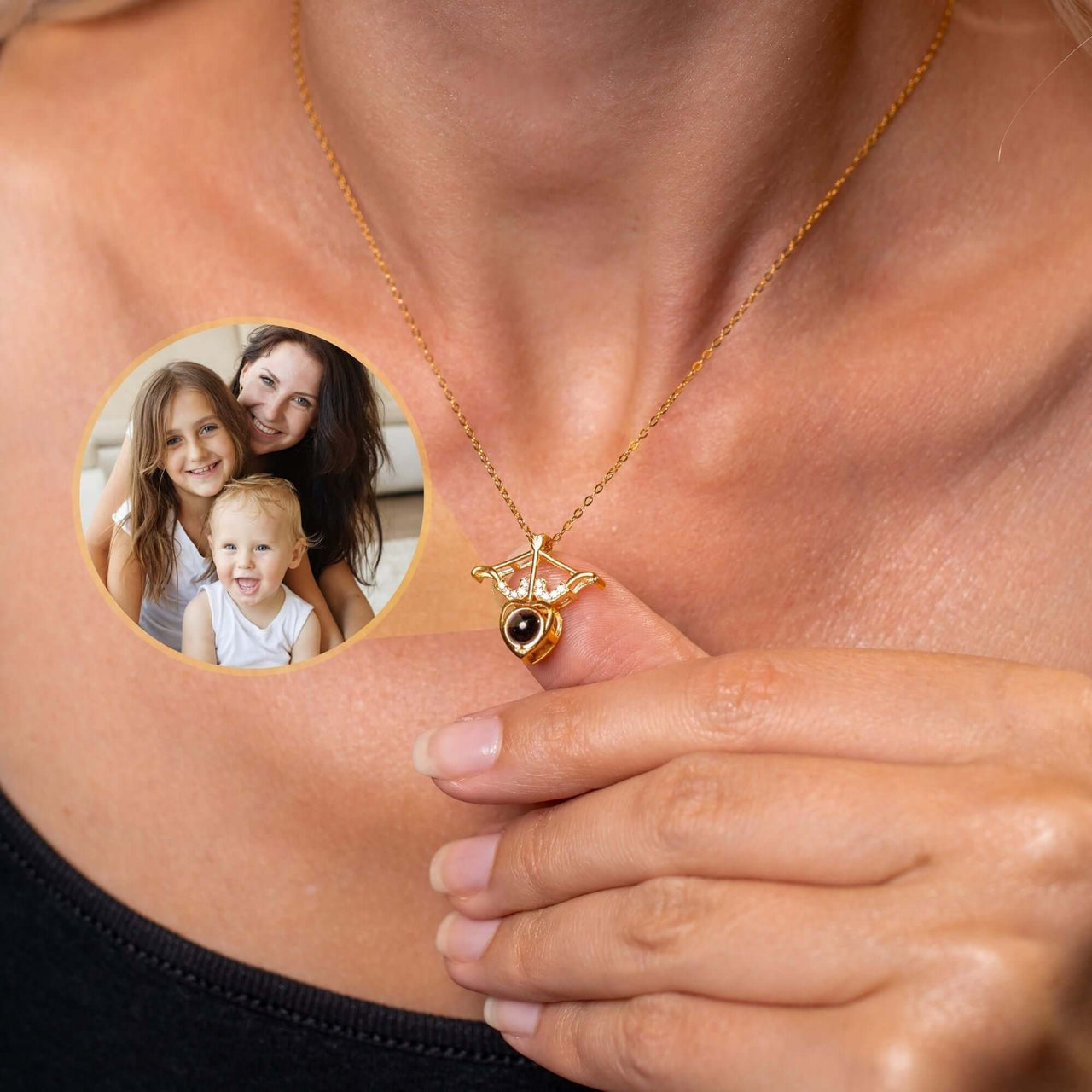 Horn Photo Necklace worn by a woman, featuring a personalized photo pendant by Brother & Sisters.