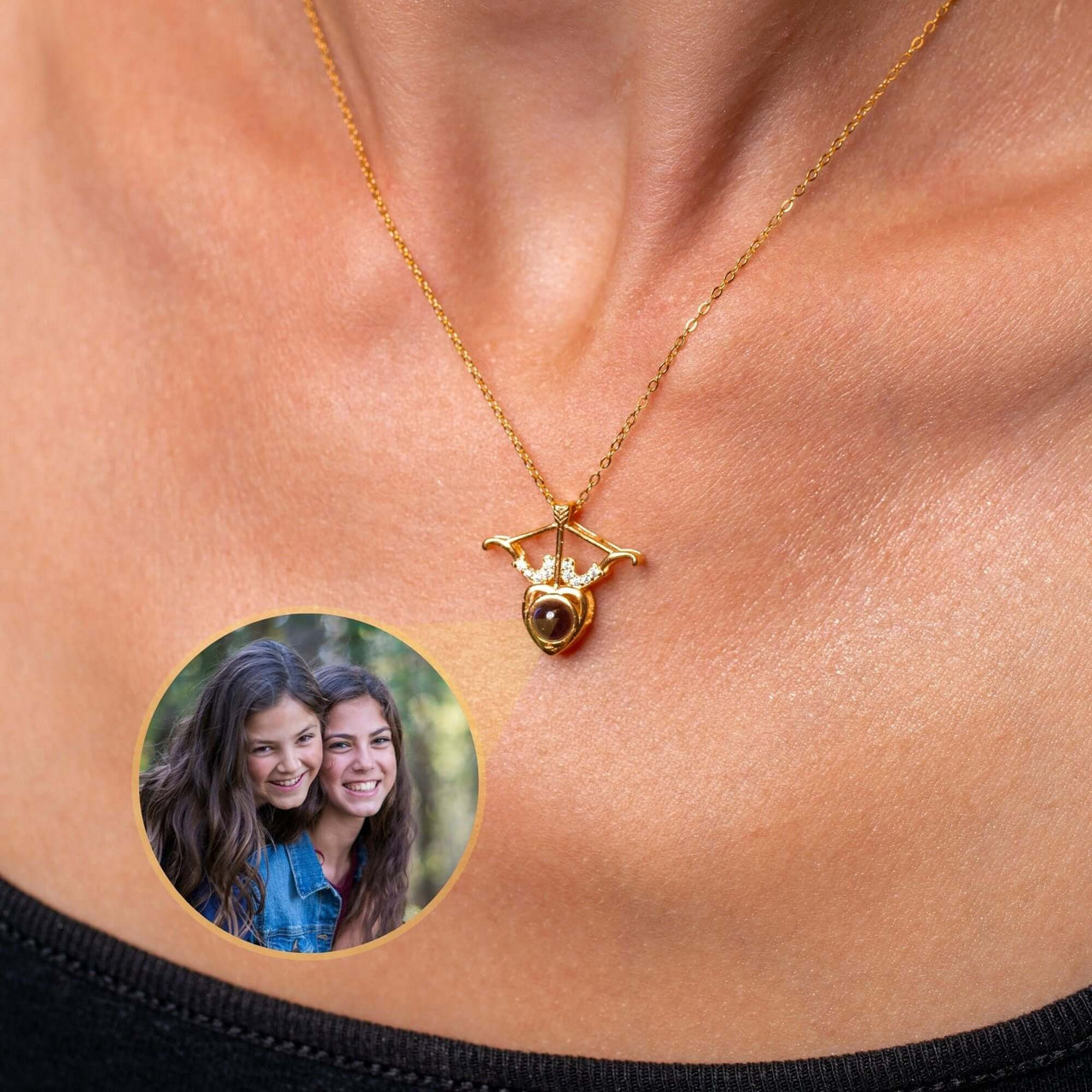 Horn Photo Necklace featuring a personalized photo pendant by Brother & Sisters, elegantly showcasing cherished memories.