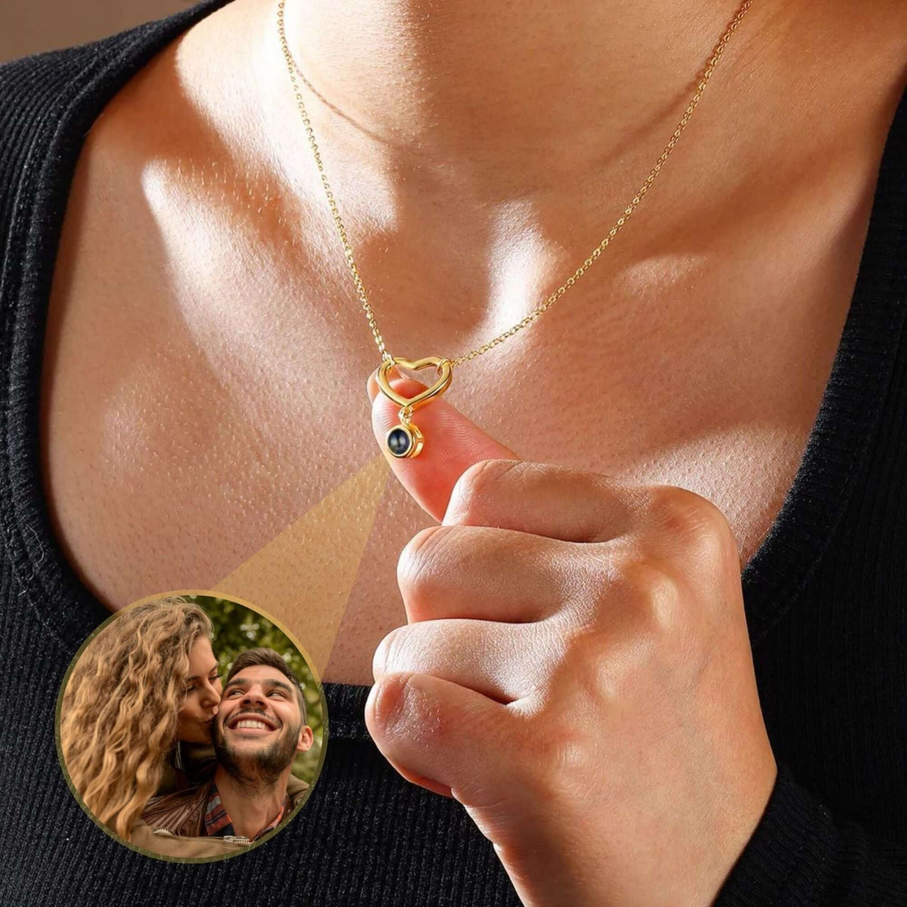 Infinite Love Photo Necklace by Brother & Sisters, showcasing a heartfelt design with a photo projection feature.