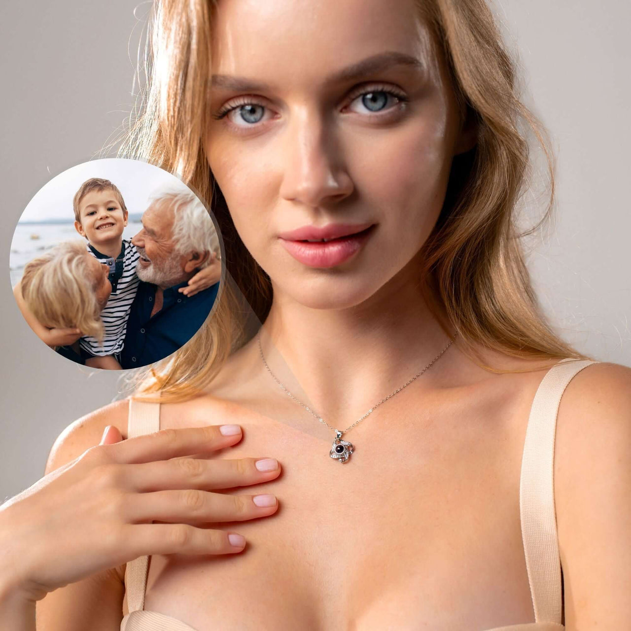 Elegant woman wearing the Infinite Photo Necklace by Brother & Sisters, showcasing a cherished family photo.