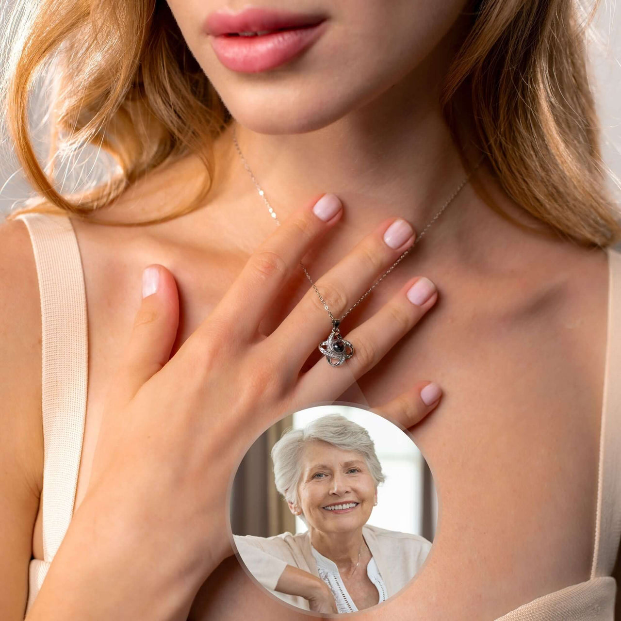 Close-up of a woman wearing an Infinite Photo Necklace by Brother & Sisters, featuring a cherished photo.