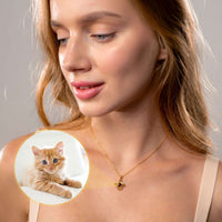 Thumbnail for Model wearing Infinite Photo Necklace featuring a personalized photo of a cute orange kitten by Brother & Sisters.