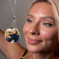 Thumbnail for Woman wearing a Kitten Photo Necklace showcasing a personalized photo of children, by Brother & Sisters.