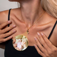 Thumbnail for Woman wearing a Kitten Photo Necklace featuring a loved one's photo by Brother & Sisters, highlighting personal connection.