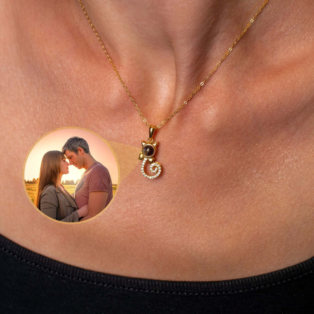Kitten Photo Necklace by Brother & Sisters, showcasing a personalized photo charm on a gold chain, perfect for pet lovers.