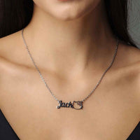 Thumbnail for Kitty Name Necklace personalized for Jack, stylish accessory by Brother & Sisters on model.
