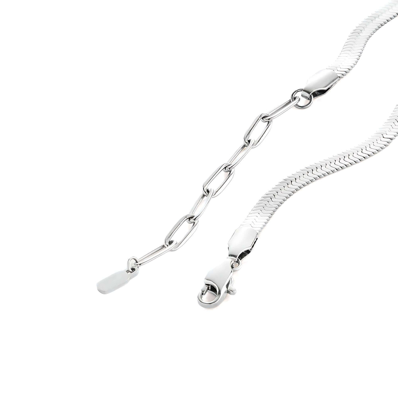 Layla silver anklet close-up packshot — 3mm flat herringbone snake chain with rhodium silver plating, hypoallergenic