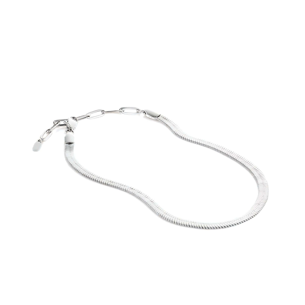 Layla anklet silver packshot — flat herringbone snake chain with paperclip extension, waterproof 316L stainless steel