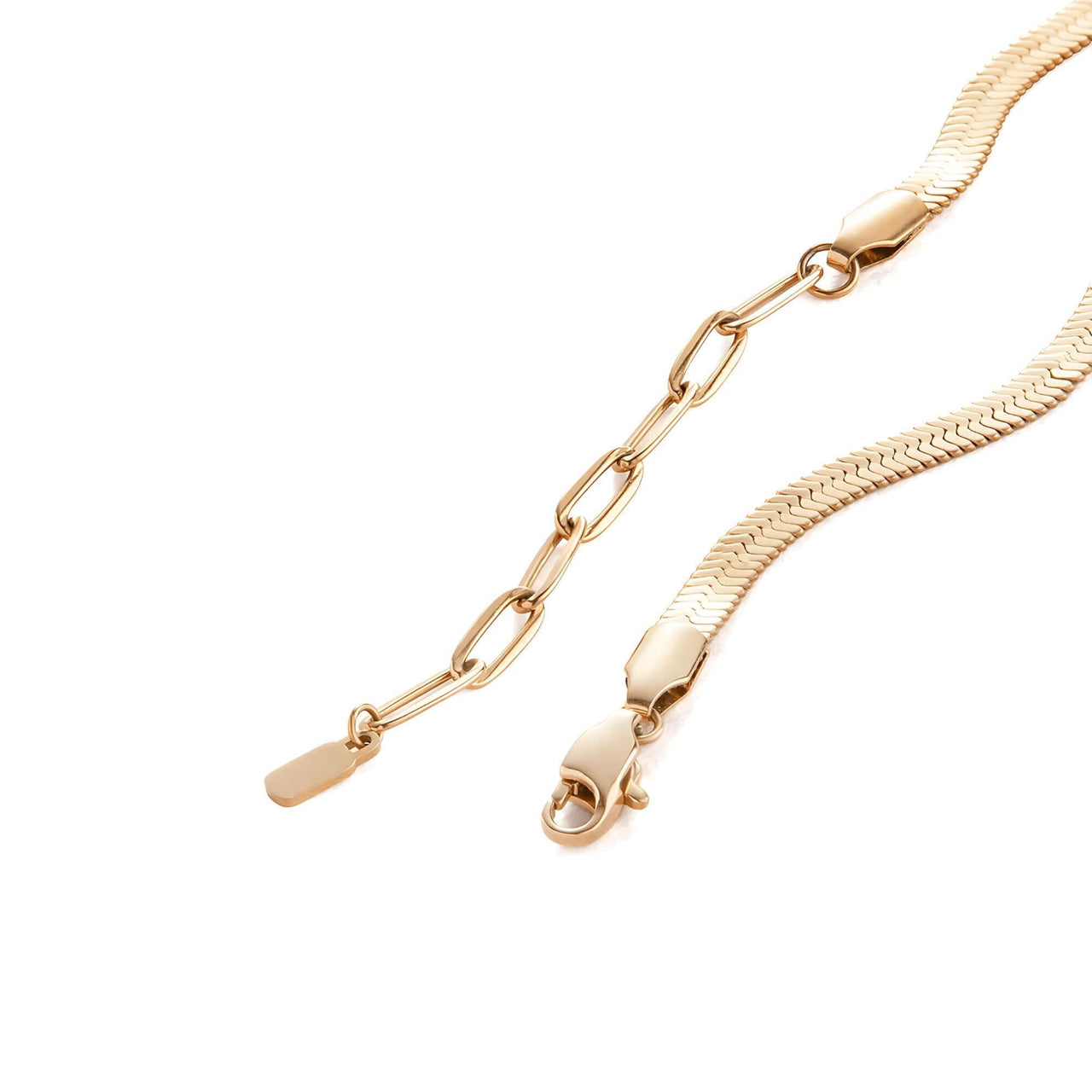 Layla gold anklet close-up packshot — 3mm flat herringbone snake chain texture, hypoallergenic 316L steel core