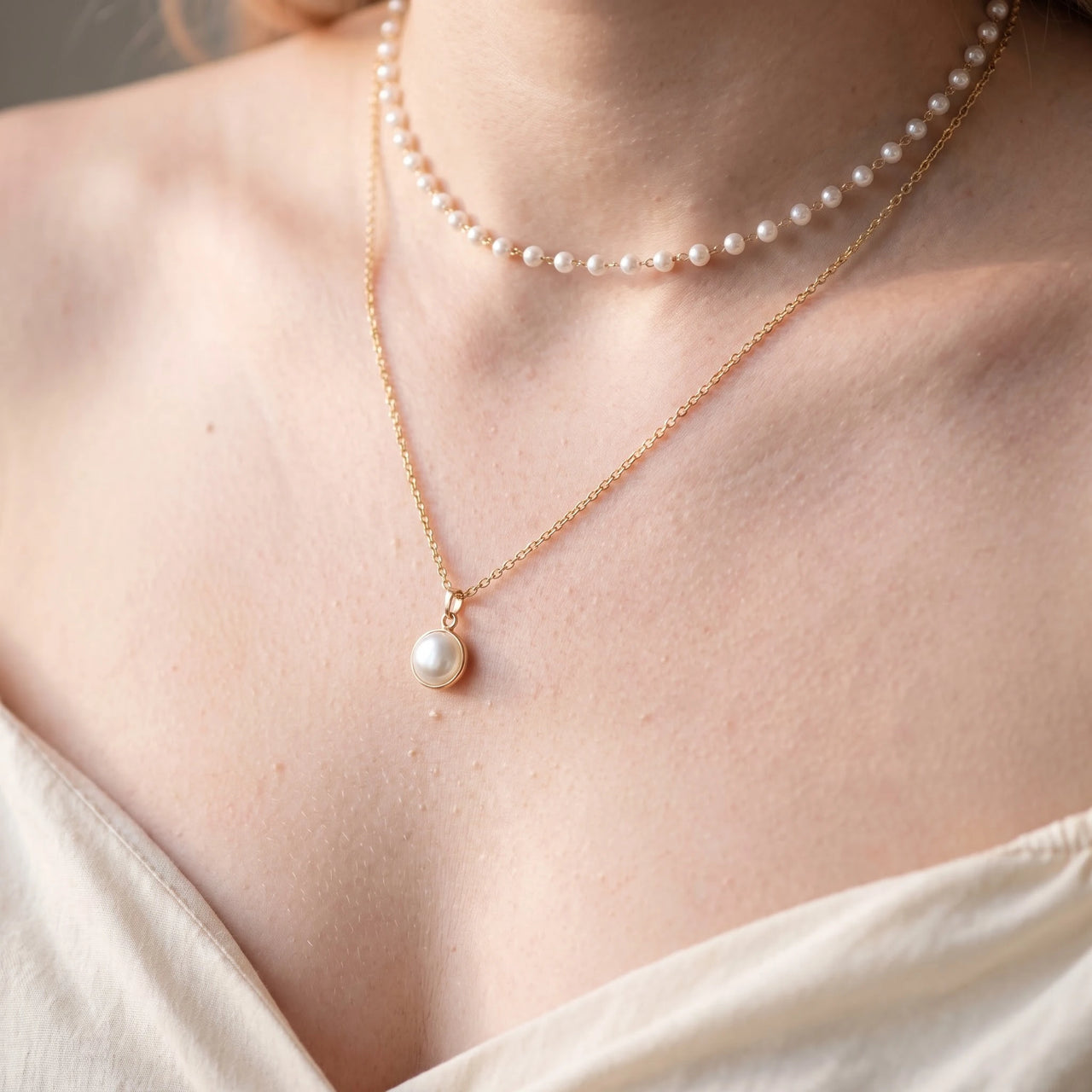 Collier perle — gros plan sur les détails, or | SKU: lepure