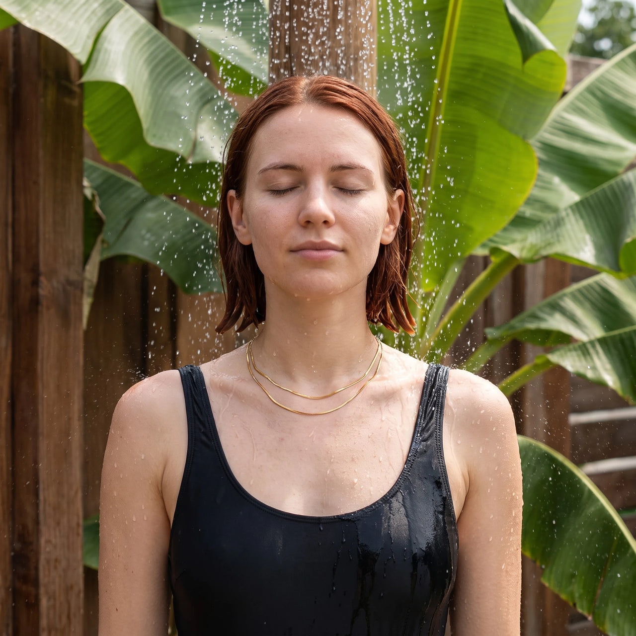 Collier maille serpent — photo portée sous la douche, waterproof, or | SKU: lesimplenecklace