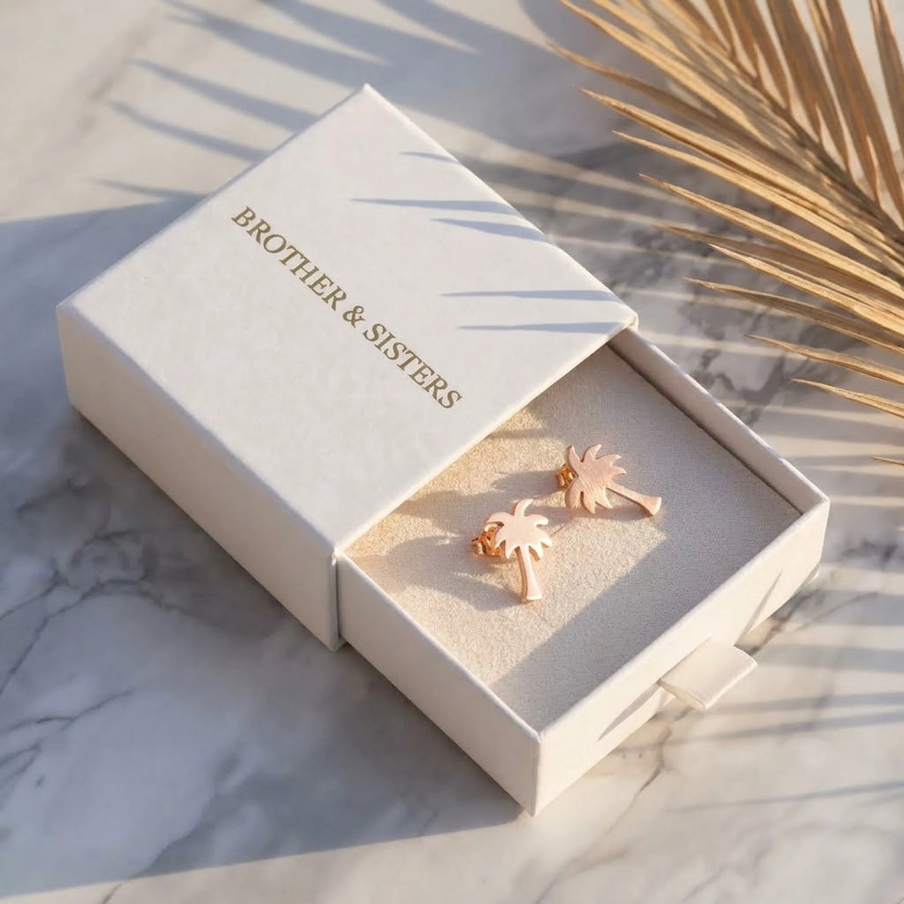 Palmboom oorbellen — in de cadeaudoos, rosé goud | SKU: 10287609-rose-gold-color