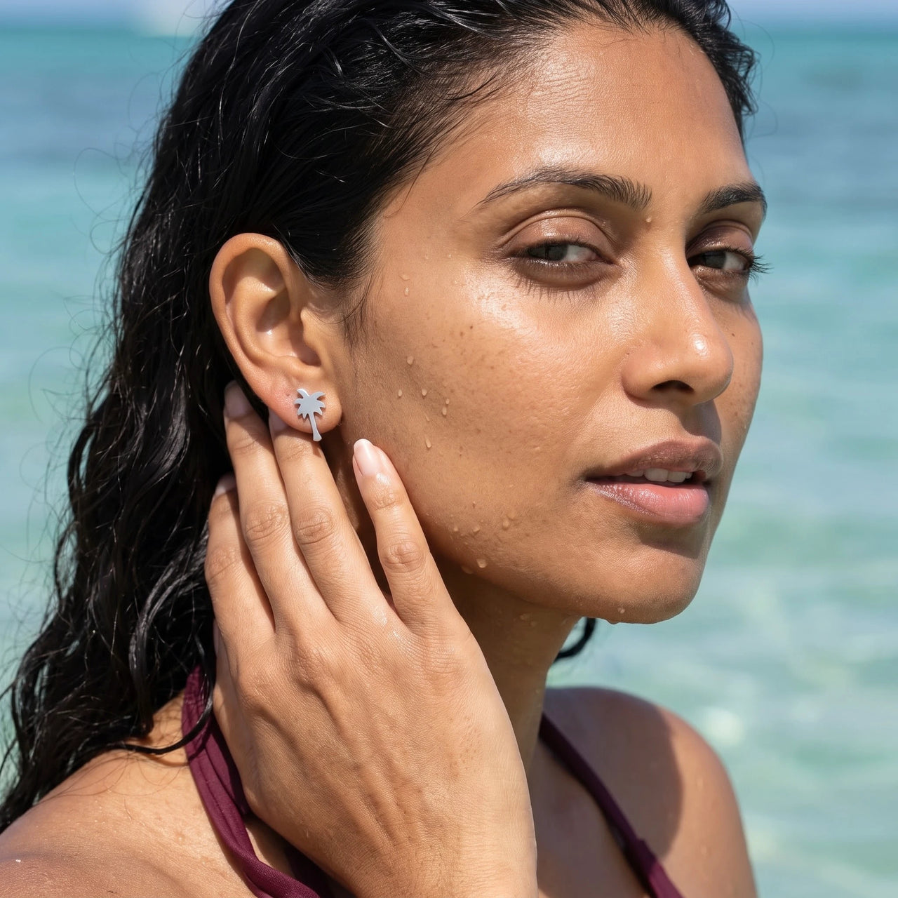 Palmboom oorbellen — gedragen in het water, waterproof, zilver | SKU: 10287609-silver-plated