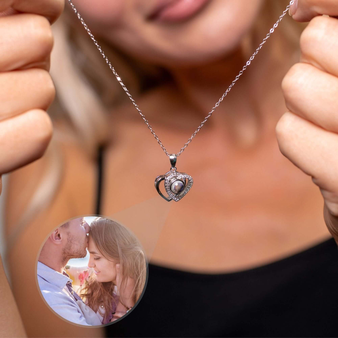 Lovers Photo Necklace showing customisable heart pendant with hidden photo locket by Brother & Sisters.