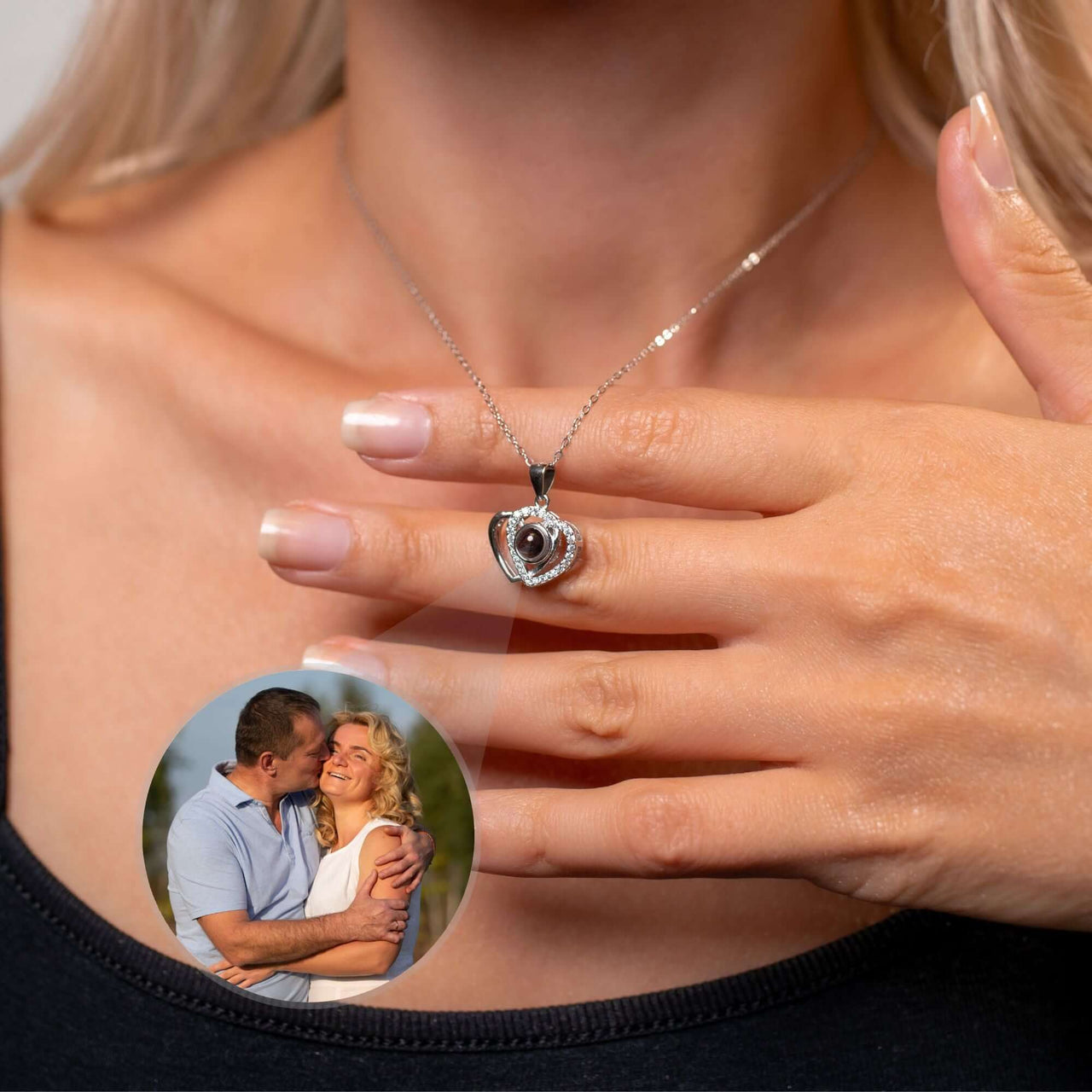 Lovers Photo Necklace showcasing a couple’s photo locket and customisable heart pendant by Brother & Sisters.