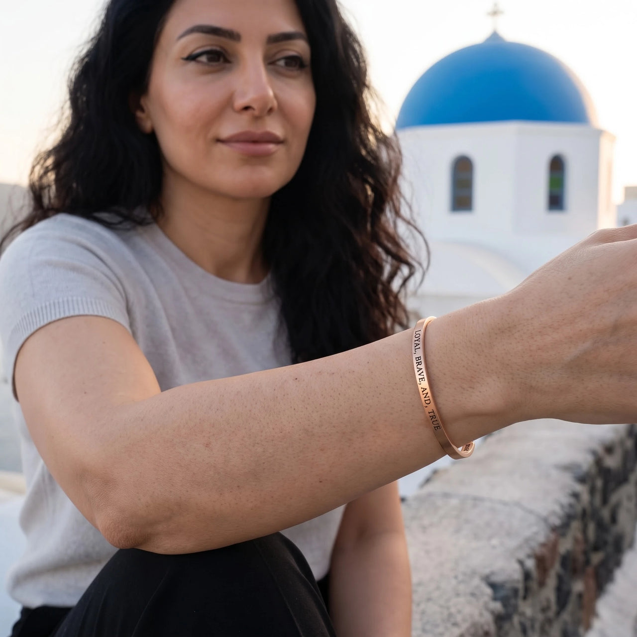 Loyal, Brave, And, True bracelet in rose gold worn on a getaway | SKU: lbat-rg