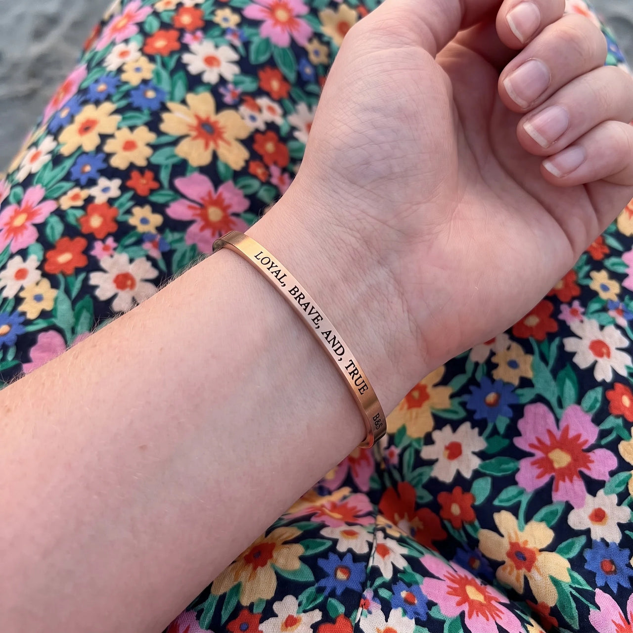 Loyal, Brave, And, True bracelet in rose gold worn, showing its real size | SKU: lbat-rg