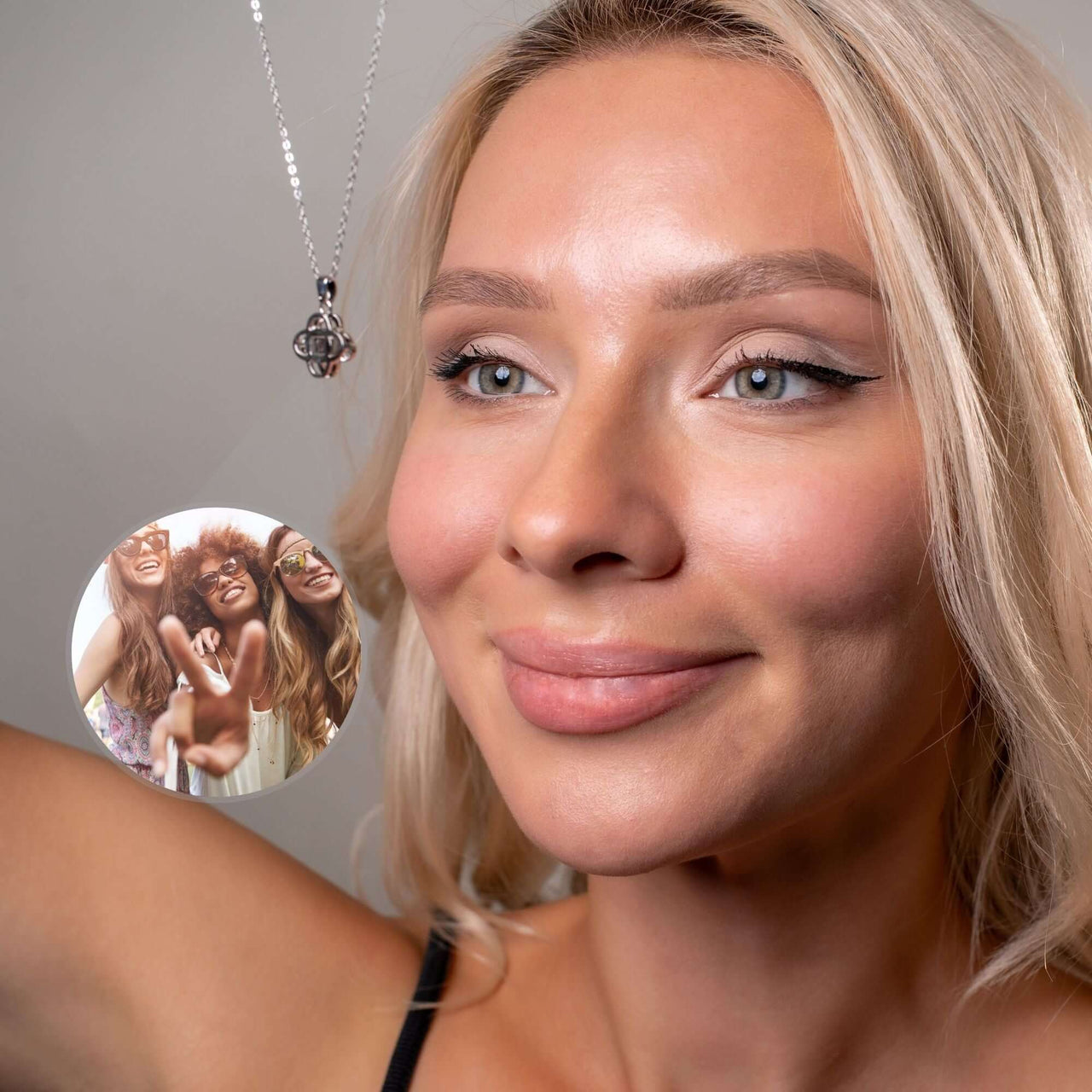 Luxurious Photo Necklace worn by a woman, showcasing a cherished photo, by Brother & Sisters.