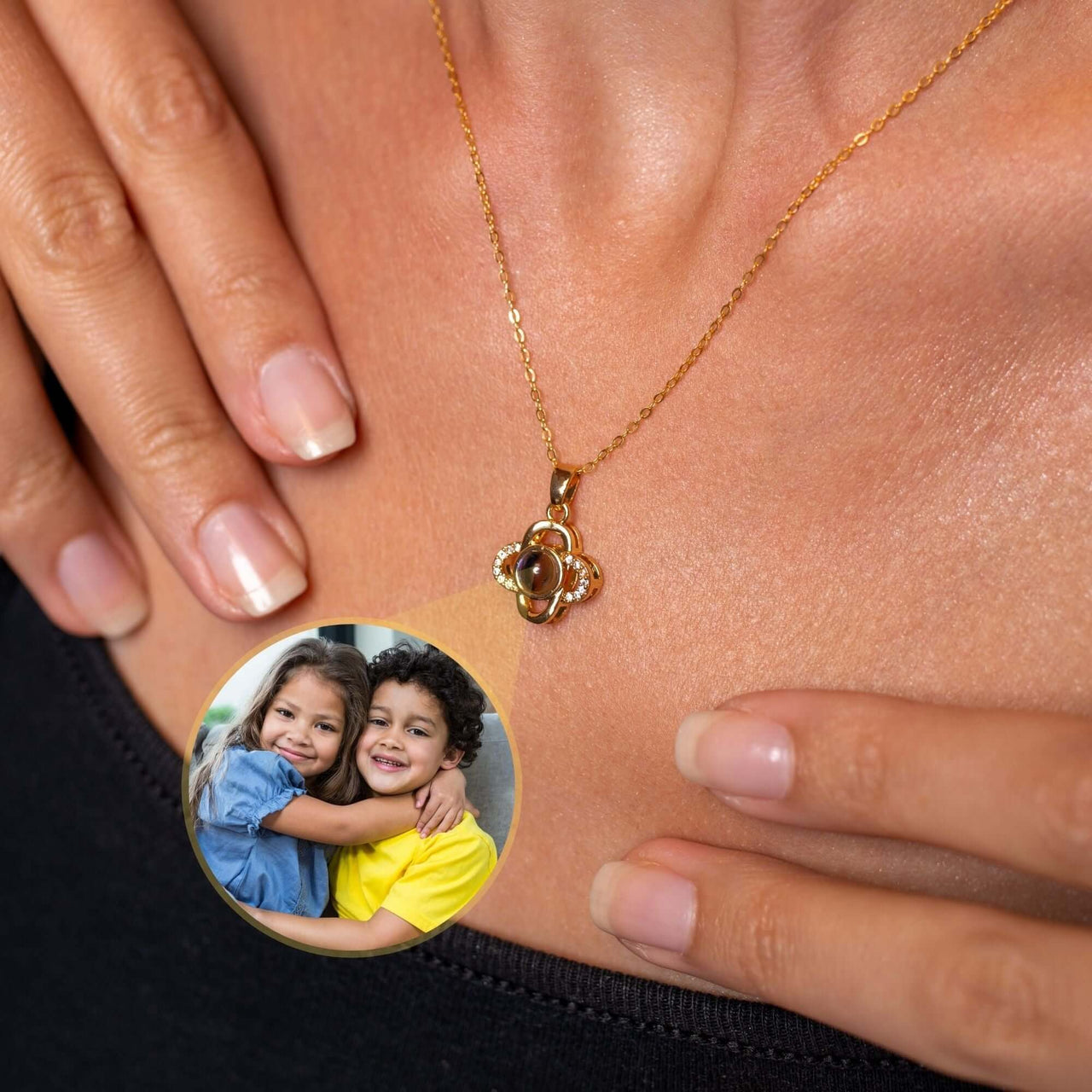Luxurious Photo Necklace worn by a woman, featuring a custom photo of children, by Brother & Sisters.