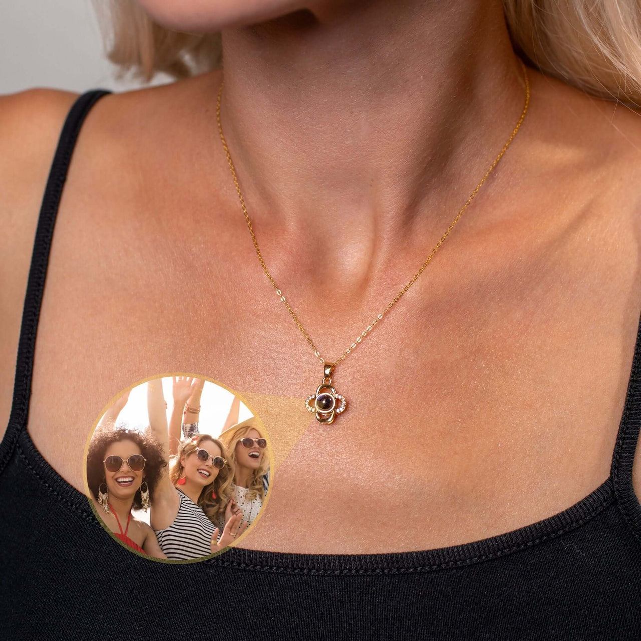 Luxurious Photo Necklace worn by model, featuring a beautiful gold design with a cherished photo in pendant. Brother & Sisters.
