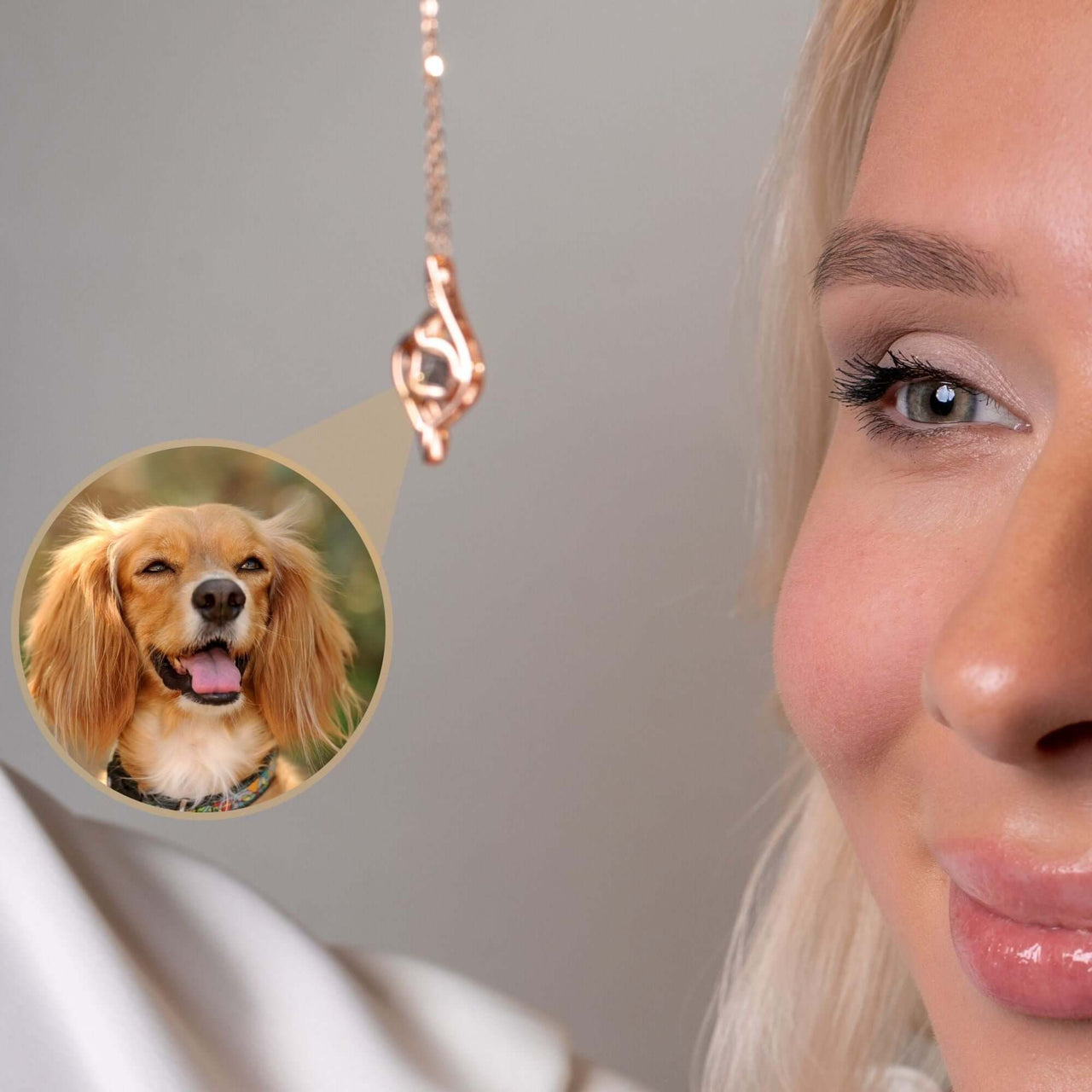 Luxury Photo Necklace showcasing a woman's smile with a pendant featuring a beloved dog photo - Brother & Sisters.