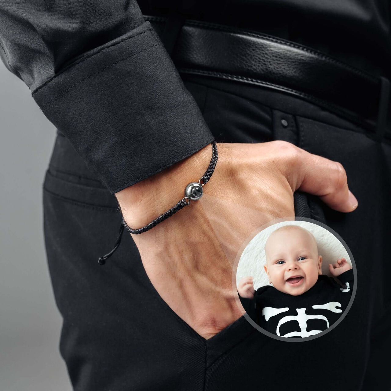 Classic Photo Bracelet by Brother & Sisters showcasing a customizable photo charm of a baby.