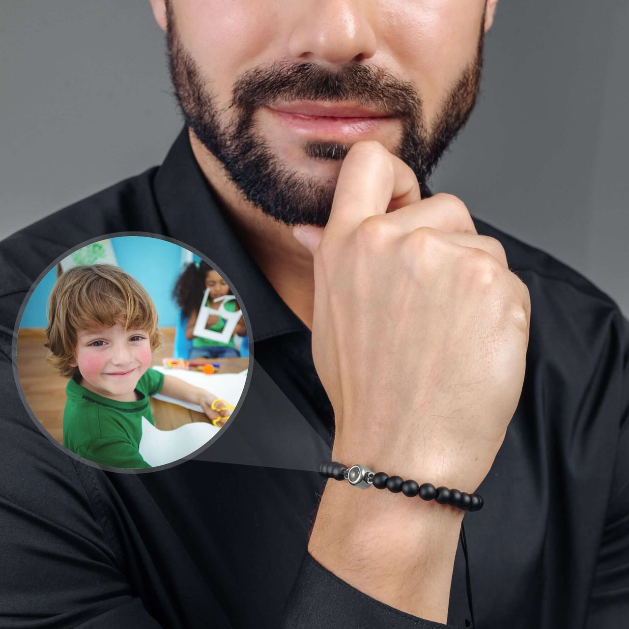 Minimalist Photo Bracelet worn by a man showcasing a personalized photo charm, crafted by Brother & Sisters.