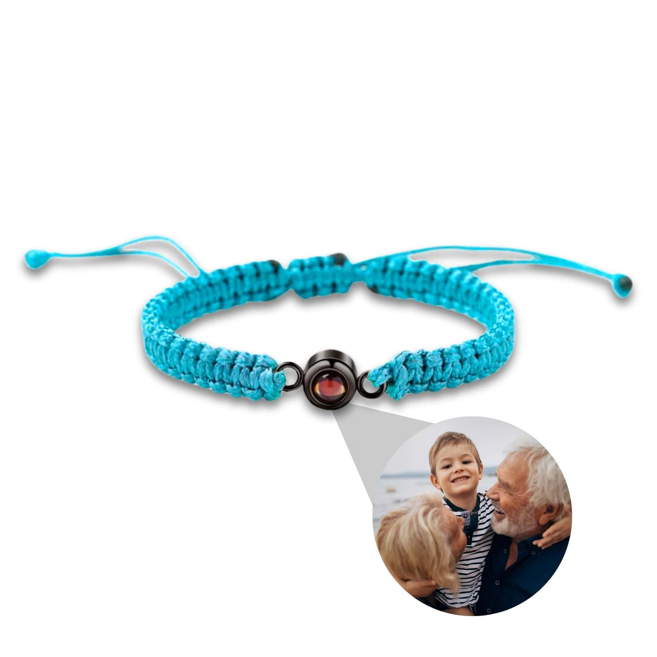 Man Blue Photo Bracelet by Brother & Sisters featuring a custom photo pendant and adjustable turquoise design.