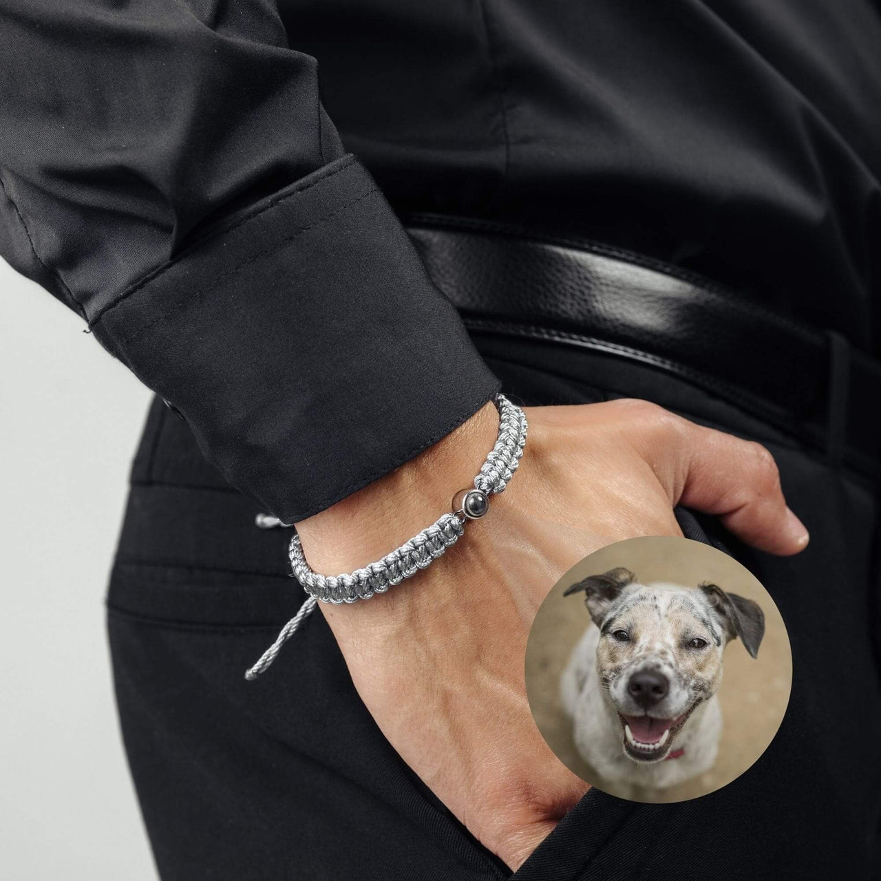 Man Grey Photo Bracelet worn by a man with a dog photo pendant, stylish custom jewelry by Brother & Sisters.