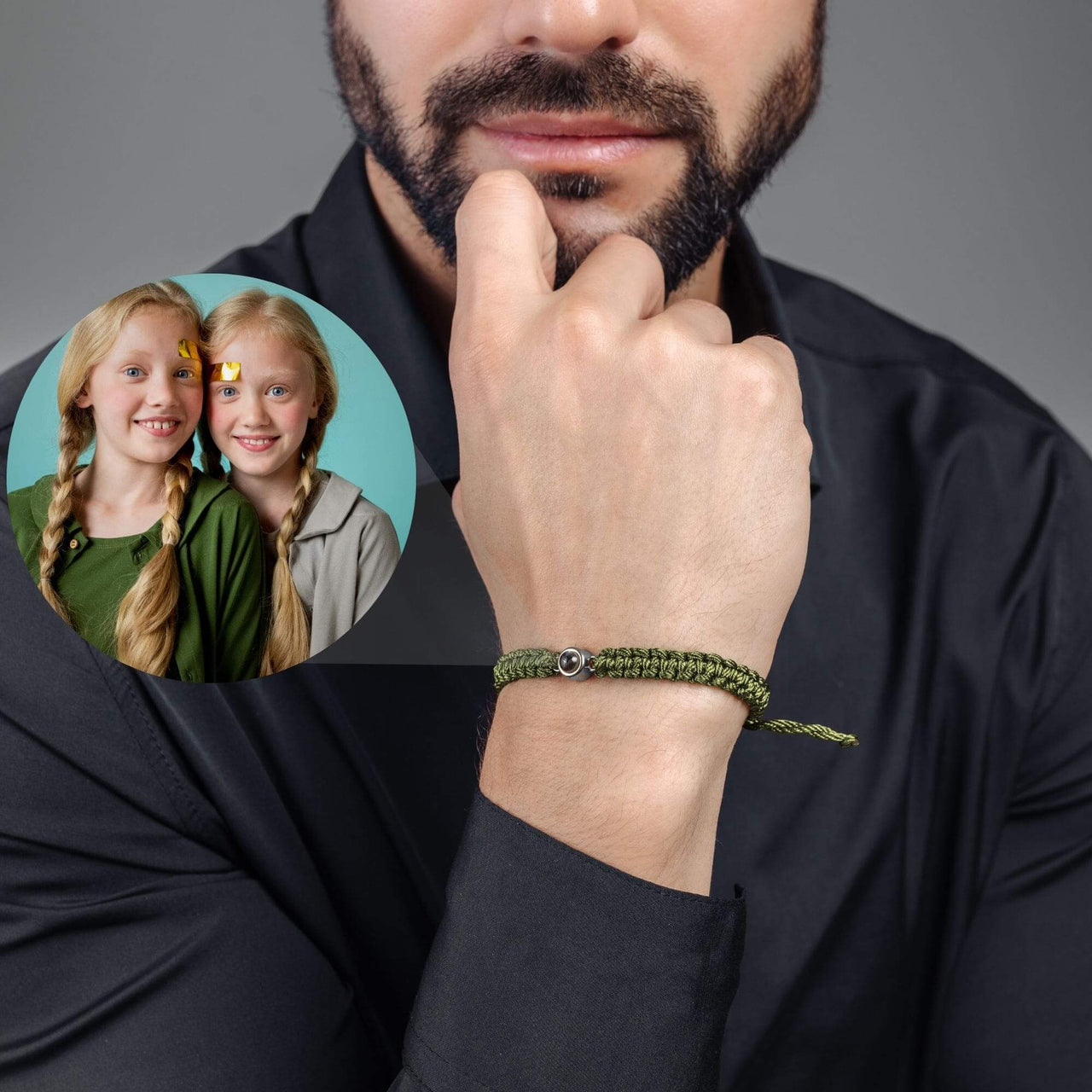 Man Olive Photo Bracelet worn by a man, showcasing the personalized photo pendant and featuring children in the frame.