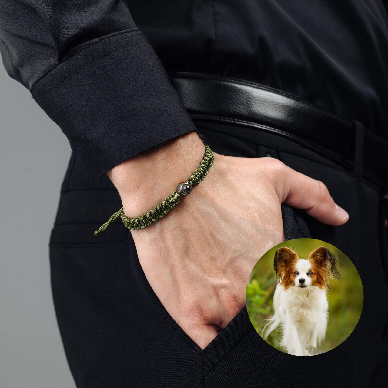 Man Olive Photo Bracelet featuring a circular pendant with a pet photo, stylishly worn by a man in a black shirt, by Brother & Sisters.