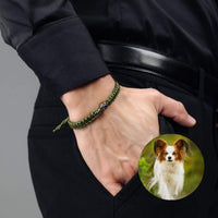 Thumbnail for Man Olive Photo Bracelet featuring a circular pendant with a pet photo, stylishly worn by a man in a black shirt, by Brother & Sisters.