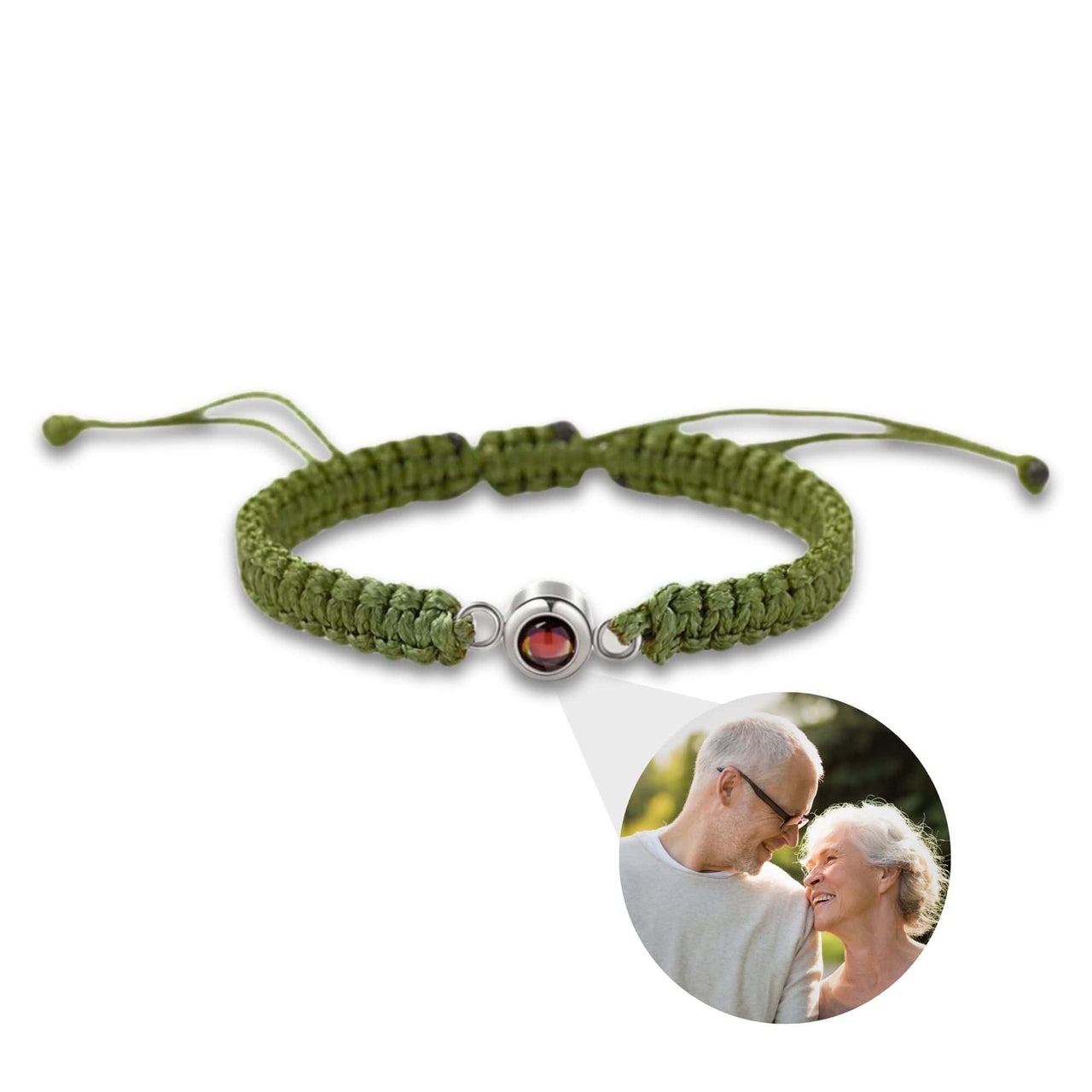 Man Olive Photo Bracelet by Brother & Sisters features a green woven design with a customizable photo pendant.