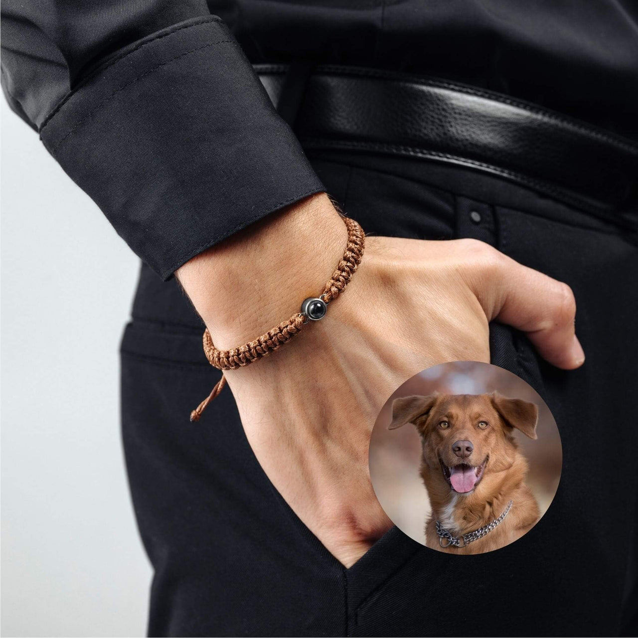 Man Brown Photo Bracelet featuring a photo of a dog, perfect personalized gift from Brother & Sisters.