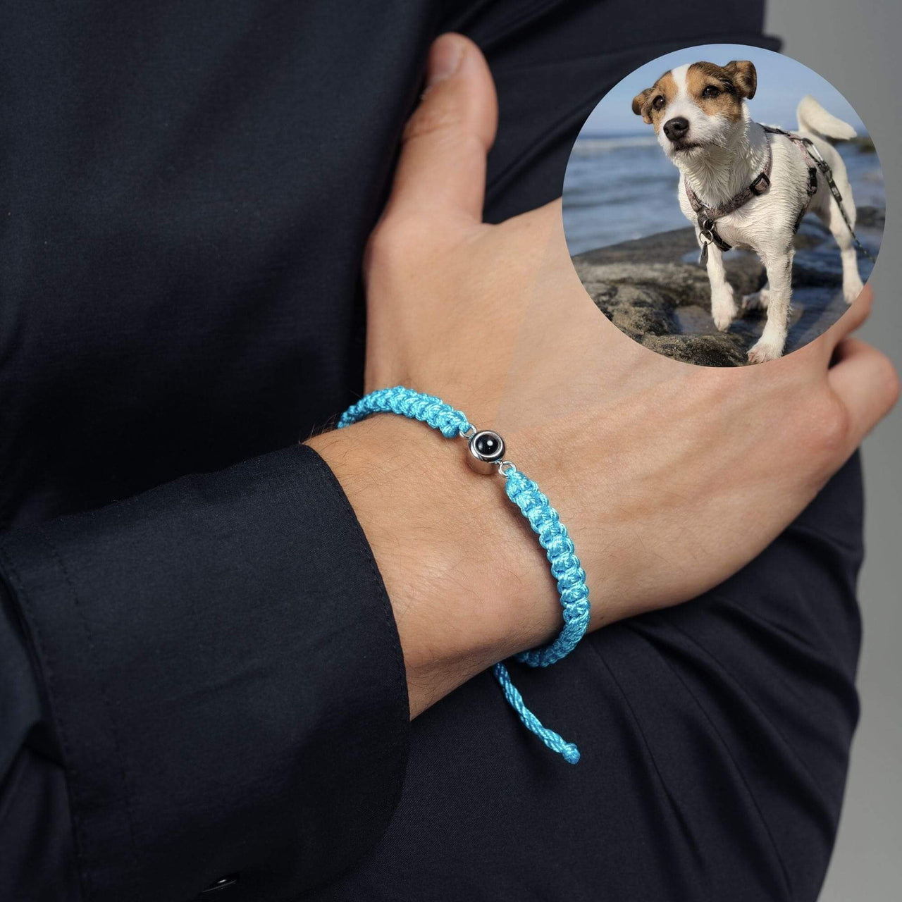 Man Blue Photo Bracelet featuring custom photo pendant by Brother & Sisters, ideal gift for men.