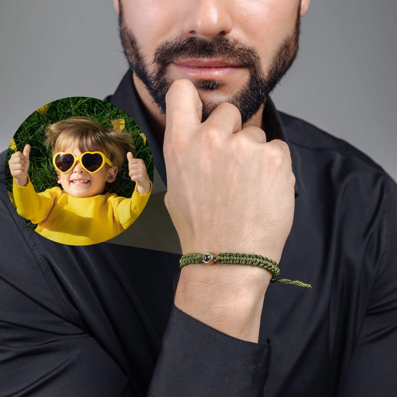 Man Olive Photo Bracelet featuring a circle pendant with personalized photo, crafted by Brother & Sisters.