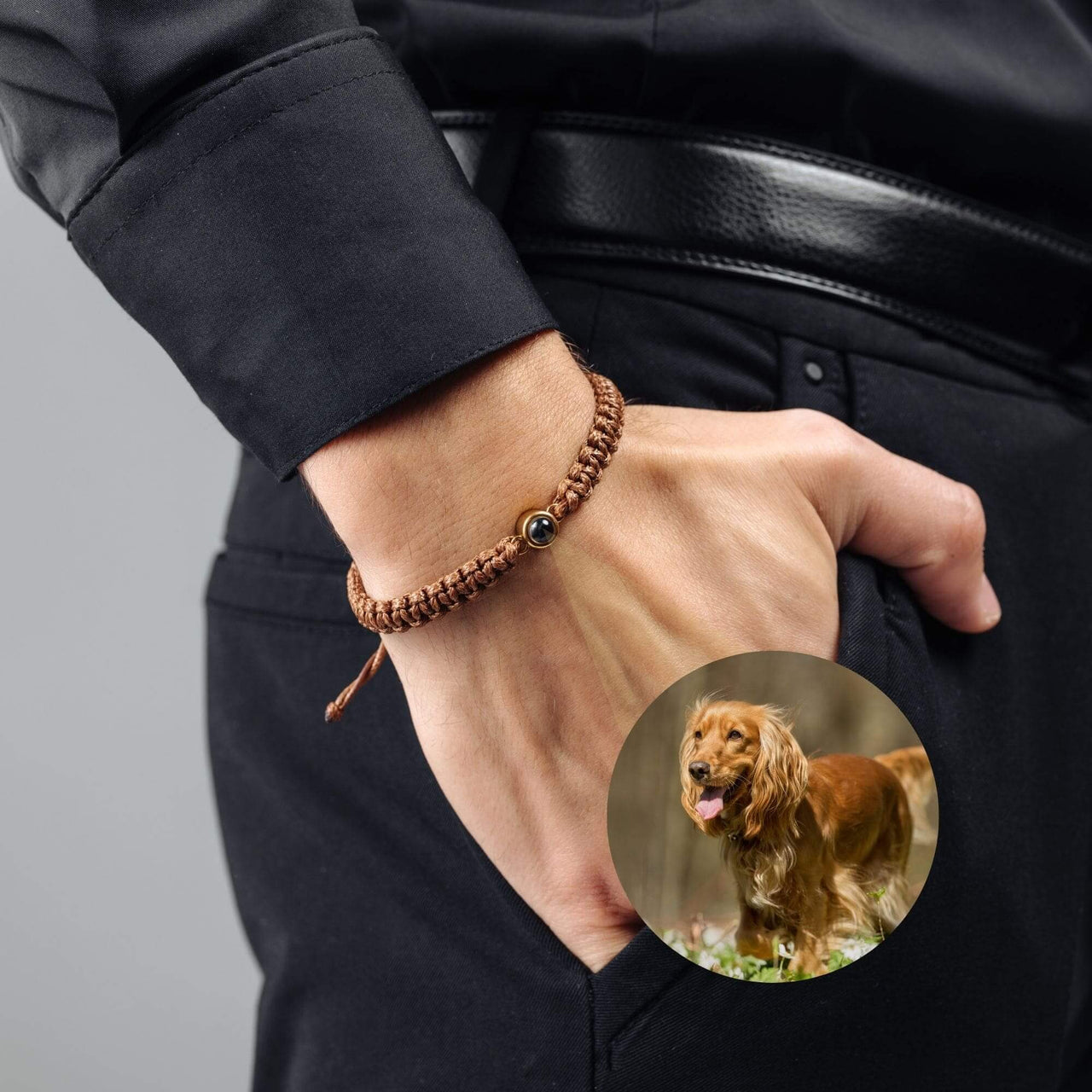 Man Brown Photo Bracelet worn on hand, featuring a personalized photo pendant, by Brother & Sisters.