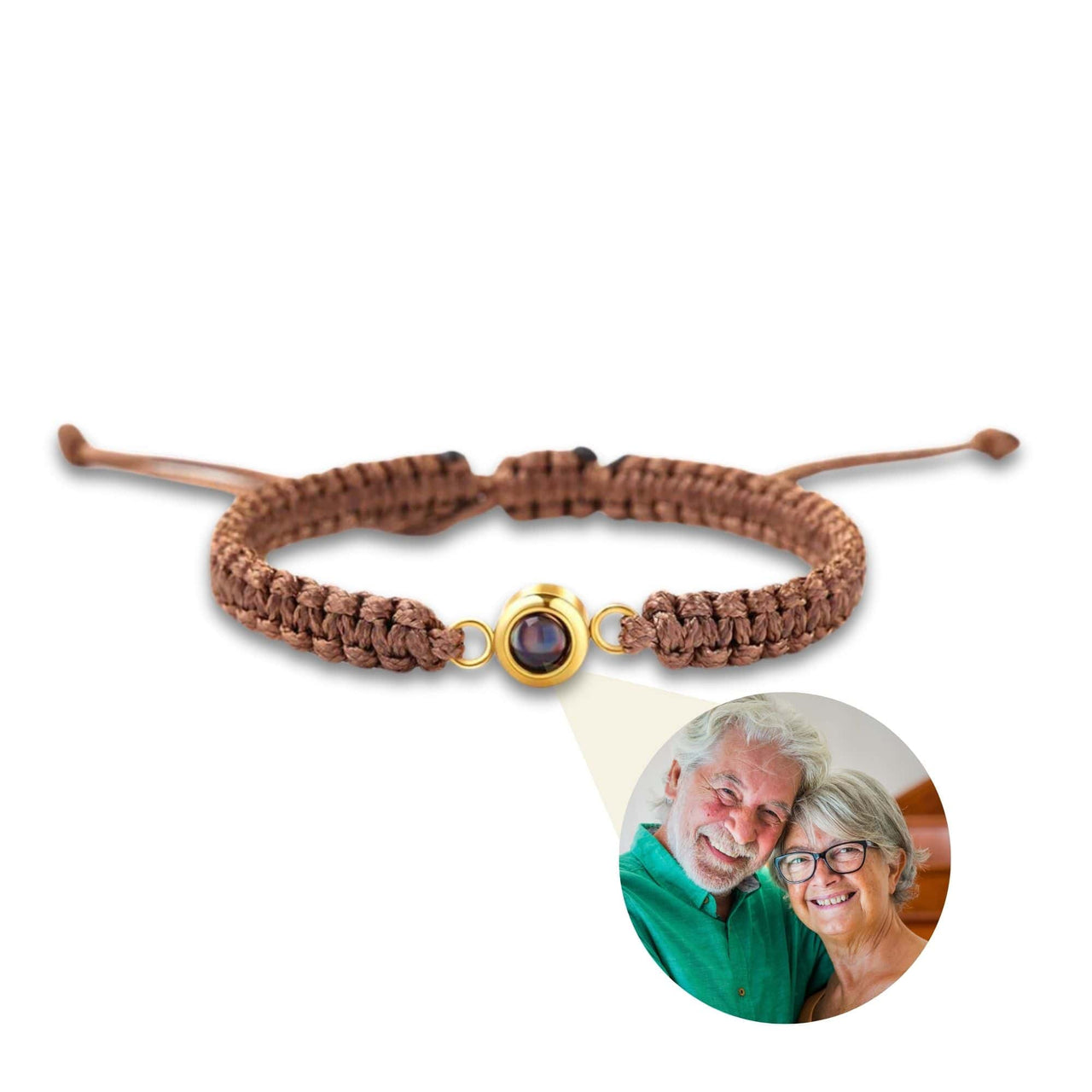 Man Brown Photo Bracelet featuring a circle charm for custom photo, crafted by Brothers & Sisters.